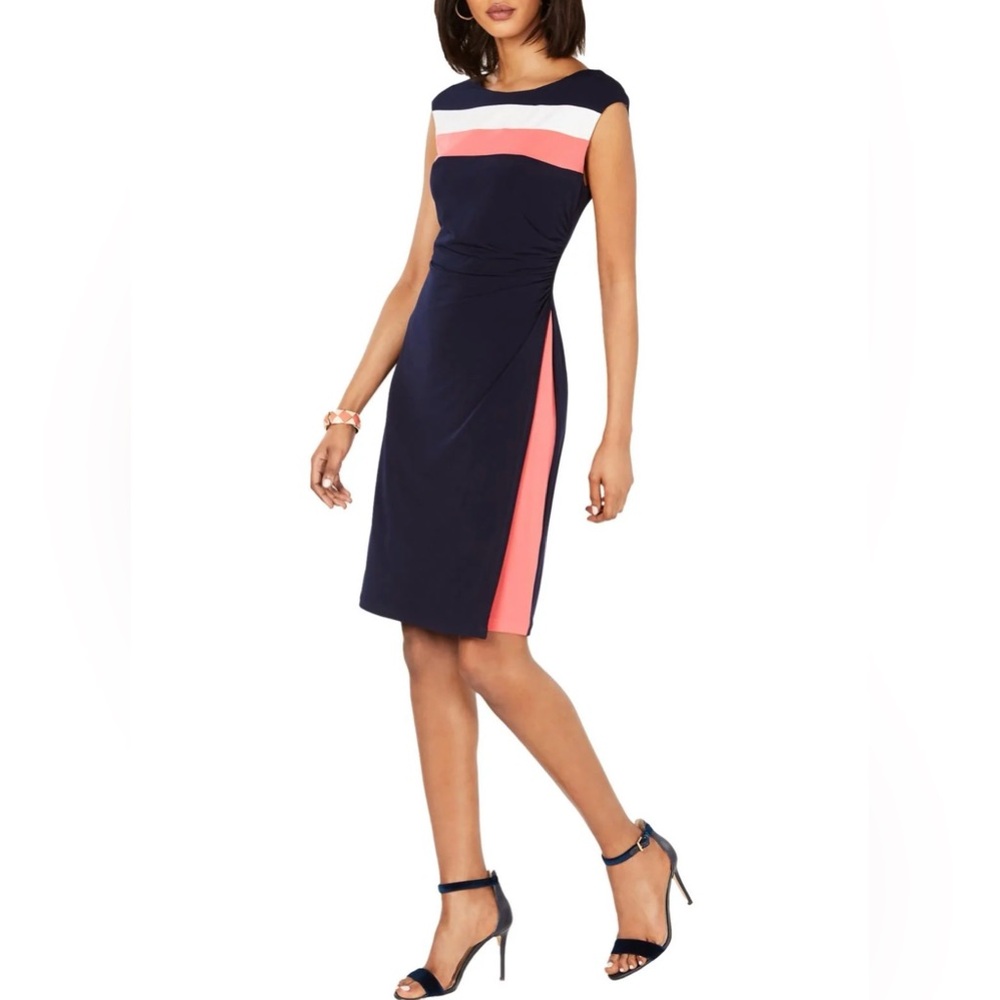 Connected Apparel Navy & Pink Colorblock Ruched Sheath Dress - Size 16